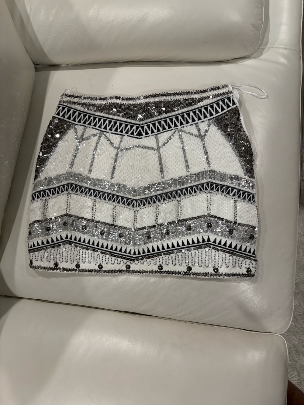 Gianni Bini White and Silver Beaded Chevron Mini Skirt